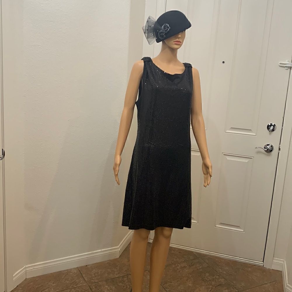 INC International Concepts Black Sequin Short Sleeve Shiny Backless Bow Accent